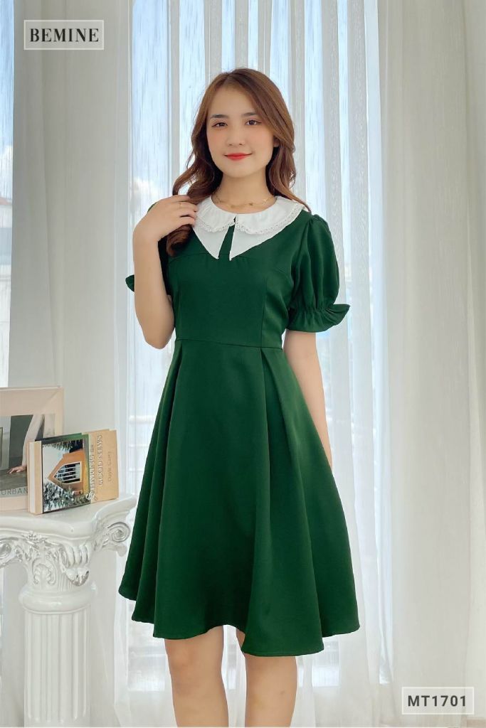 MT1701XANH - Đầm nhún tay cổ phối 2 tầng