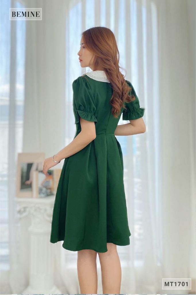 MT1701XANH - Đầm nhún tay cổ phối 2 tầng