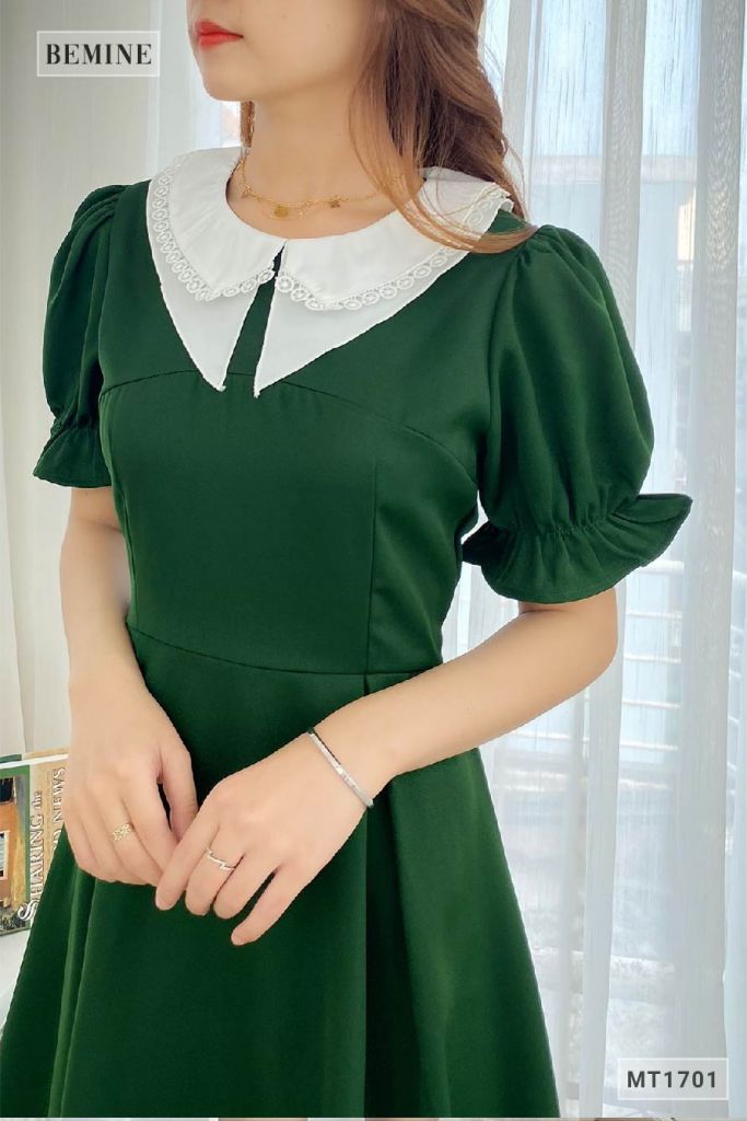 MT1701XANH - Đầm nhún tay cổ phối 2 tầng