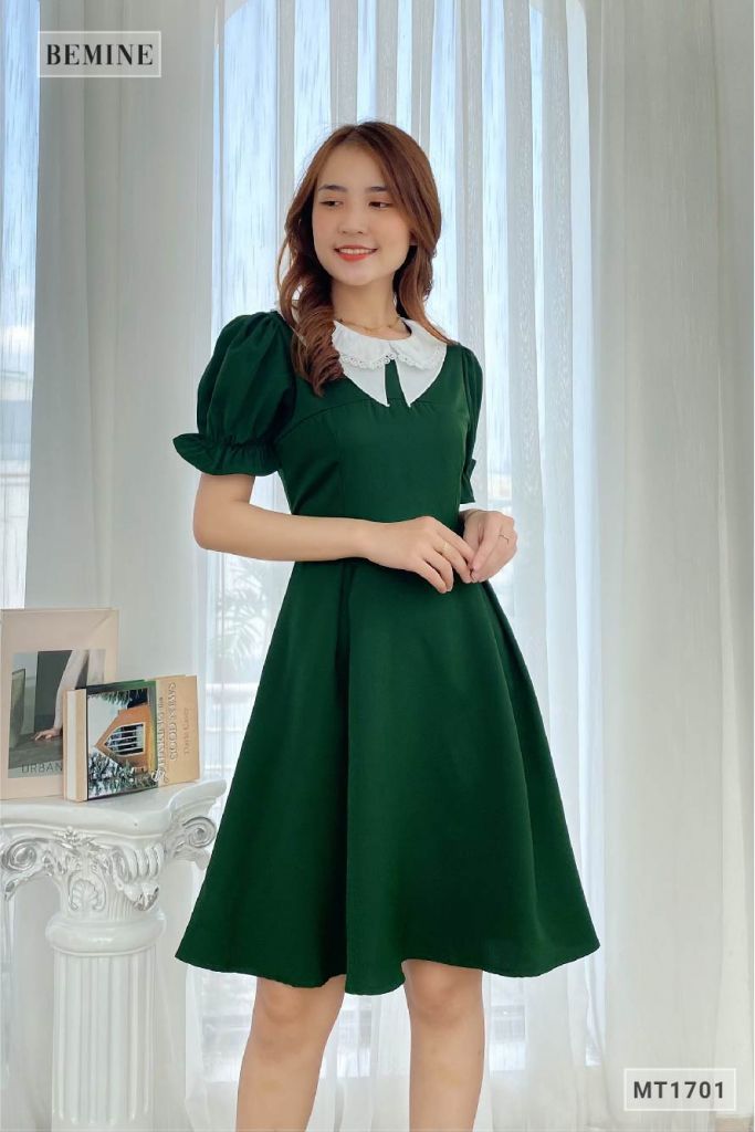 MT1701XANH - Đầm nhún tay cổ phối 2 tầng