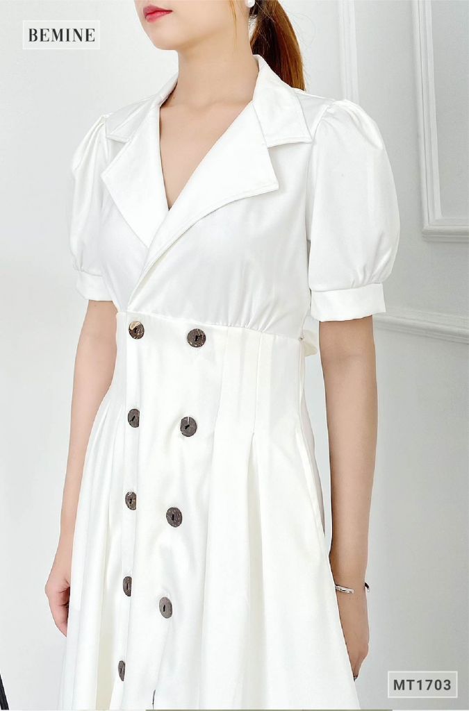 MT1703TRANG - Đầm cổ vest nút dọc