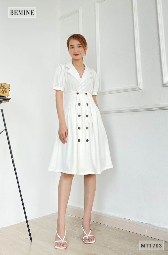 MT1703TRANG - Đầm cổ vest nút dọc