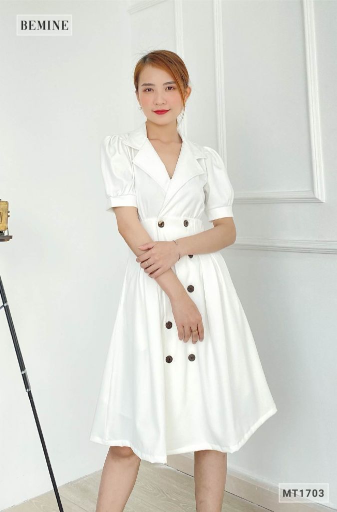 MT1703TRANG - Đầm cổ vest nút dọc