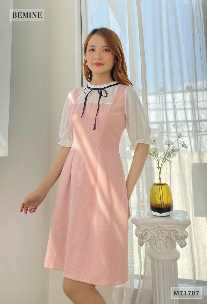 MT1707HONG - Đầm suông dây cổ phối trắng