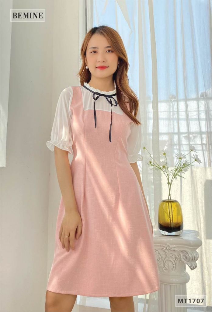 MT1707HONG - Đầm suông dây cổ phối trắng
