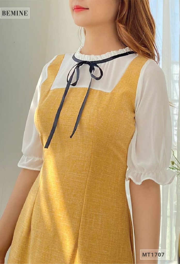 MT1707VANG - Đầm suông dây cổ phối trắng