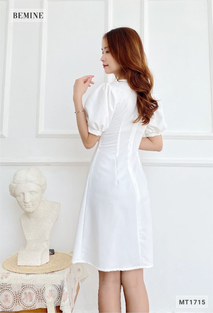 MT1715TRANG - Đầm xếp ly cổ viền