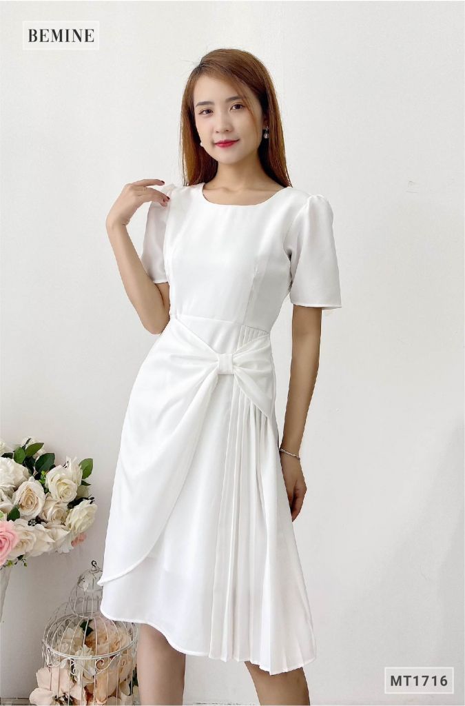 MT1716TRANG - Đầm xếp nơ tà váy