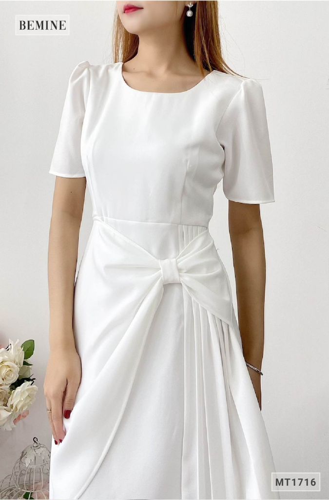 MT1716TRANG - Đầm xếp nơ tà váy
