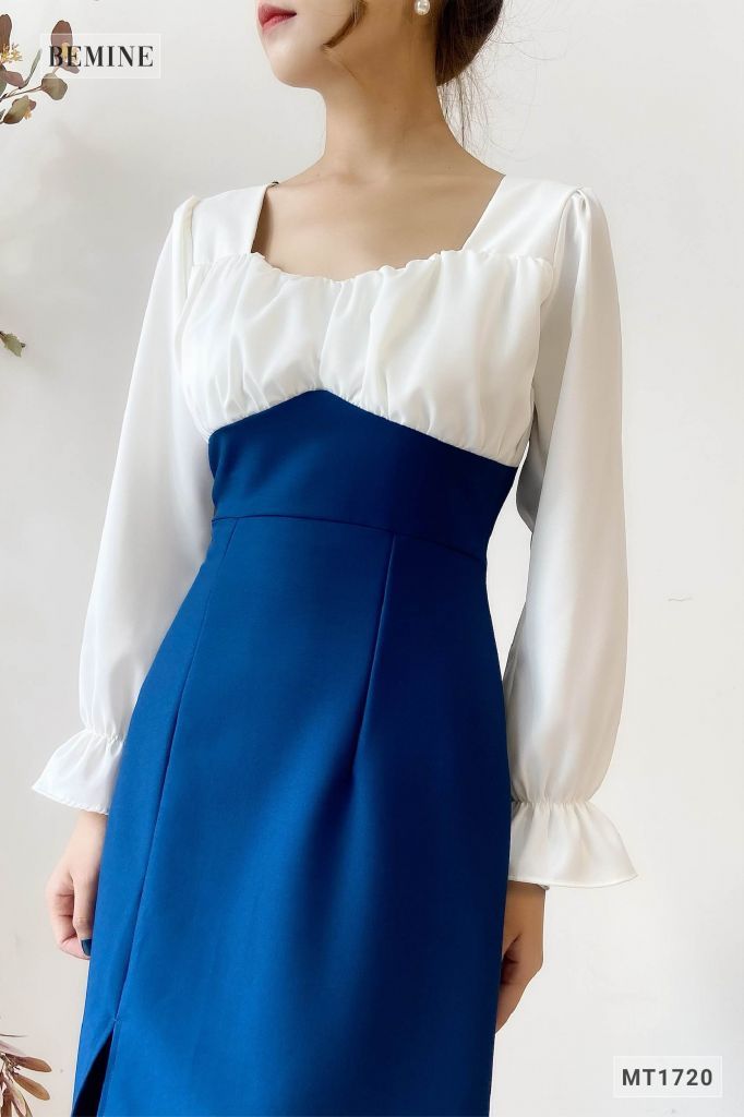 MT1720XANH - Đầm xẻ tà phối trắng