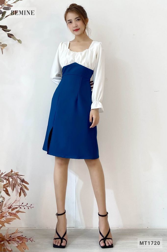 MT1720XANH - Đầm xẻ tà phối trắng