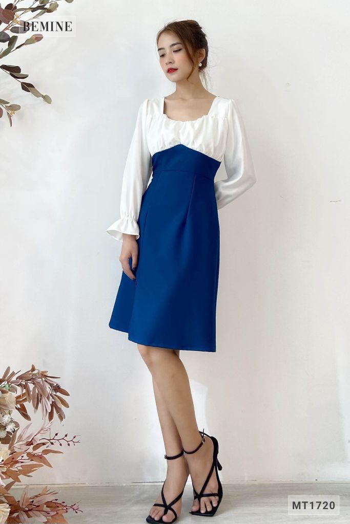 MT1720XANH - Đầm xẻ tà phối trắng