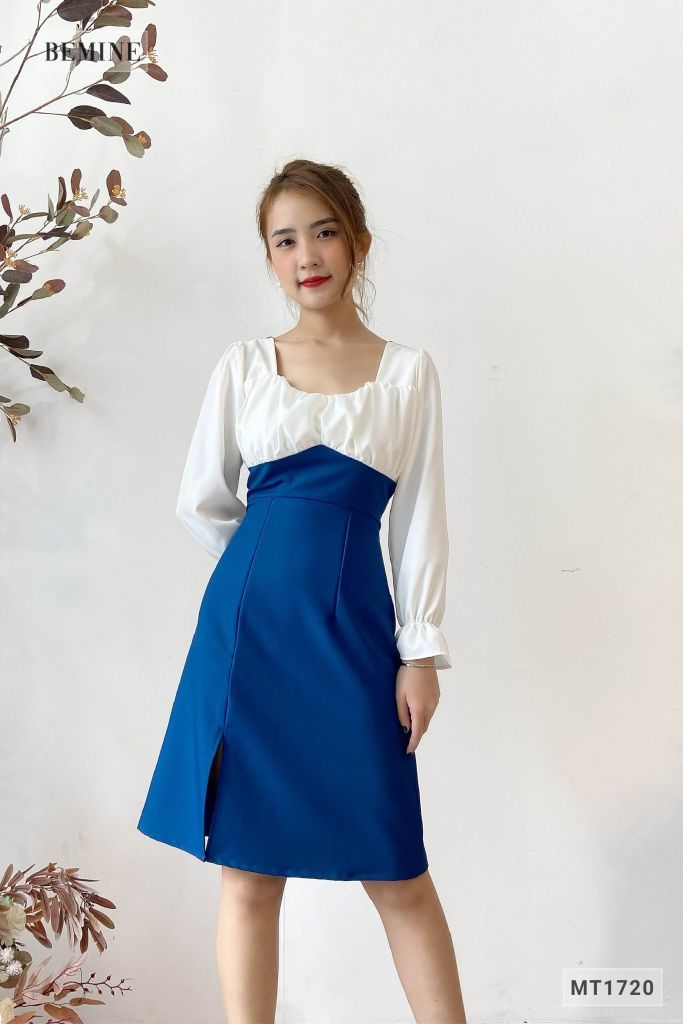MT1720XANH - Đầm xẻ tà phối trắng