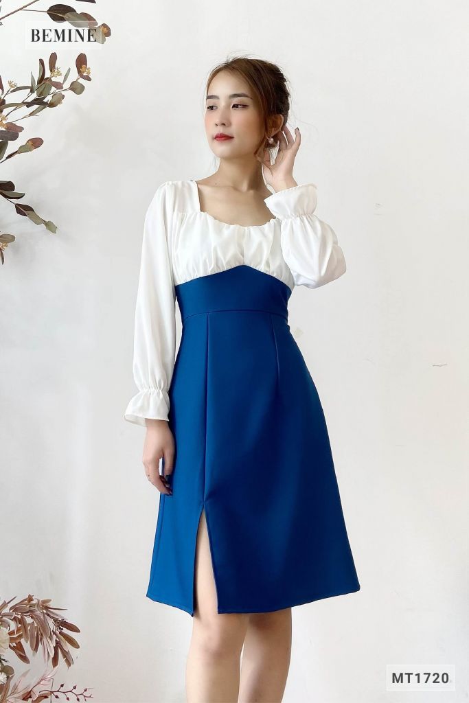 MT1720XANH - Đầm xẻ tà phối trắng
