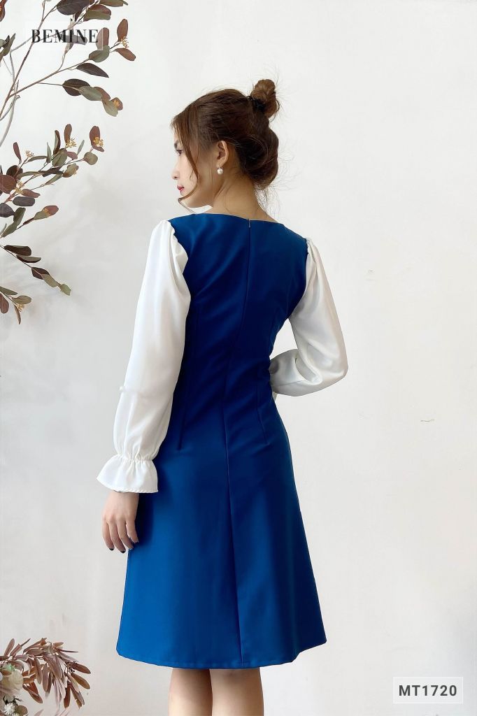 MT1720XANH - Đầm xẻ tà phối trắng