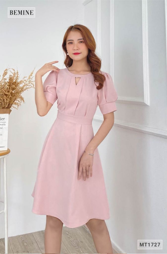 MT1727HONG - Đầm cổ tròn tay bồng