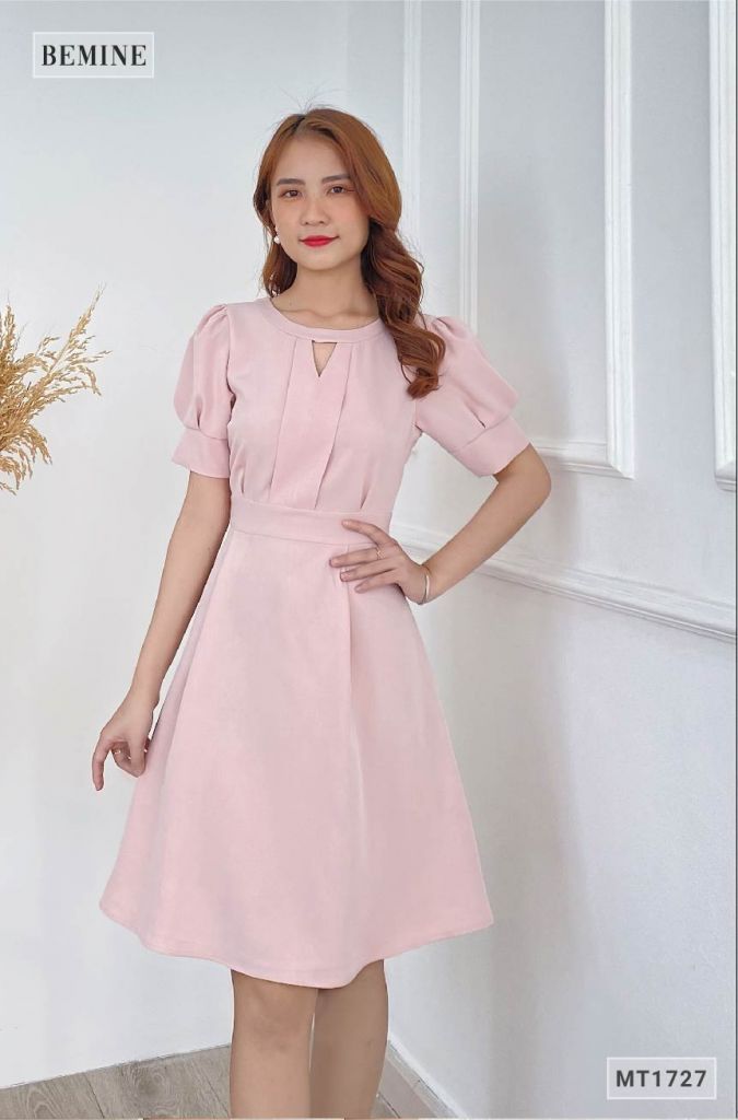 MT1727HONG - Đầm cổ tròn tay bồng