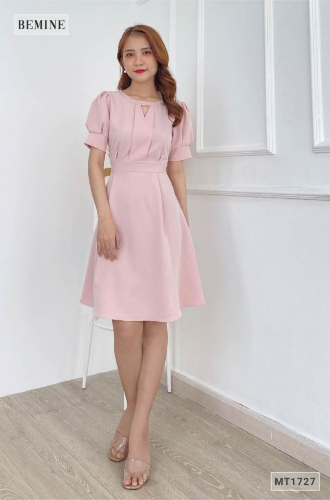 MT1727HONG - Đầm cổ tròn tay bồng
