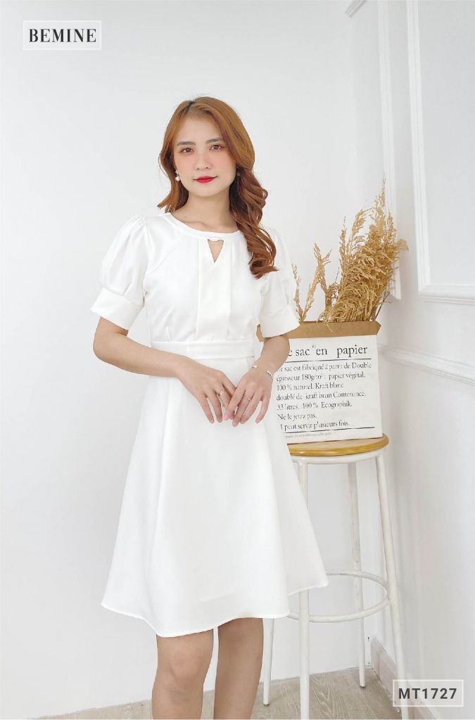 MT1727TRANG - Đầm cổ tròn tay bồng