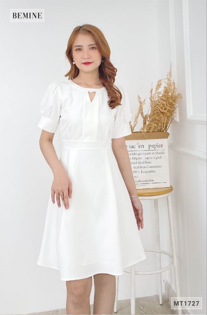 MT1727TRANG - Đầm cổ tròn tay bồng