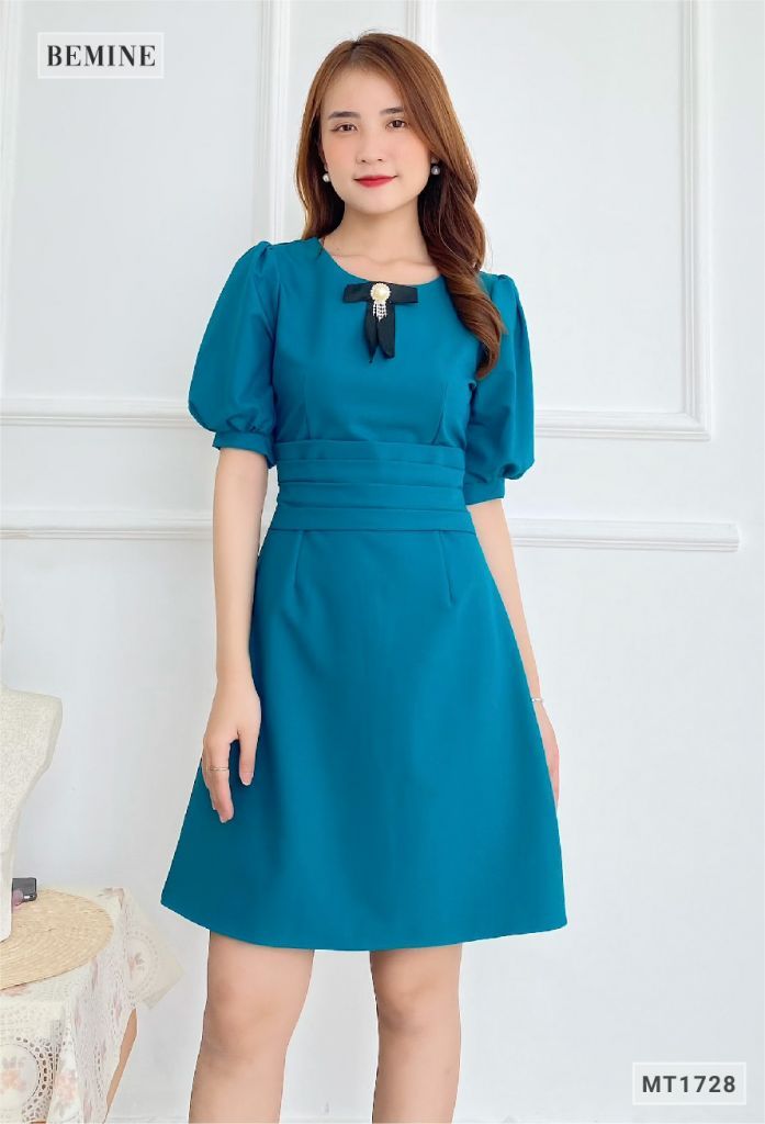 MT1728XANH - Đầm xếp ly eo cột nơ ngực
