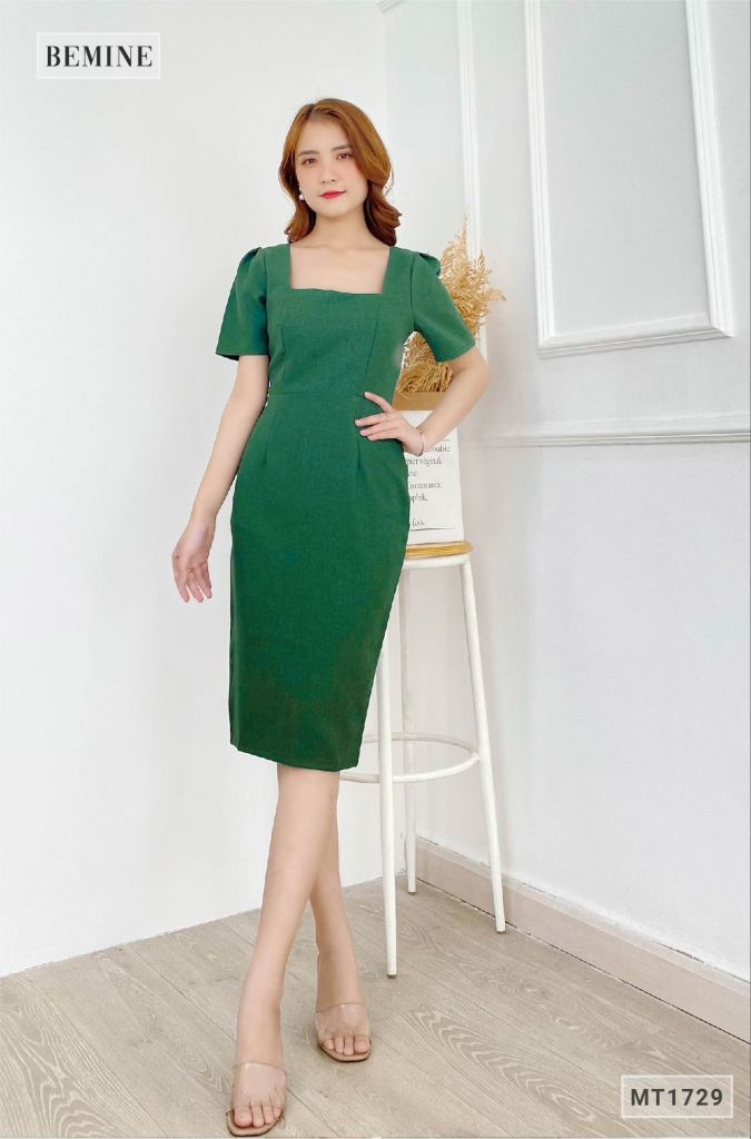 MT1729XANH - Đầm body cổ vuông bố dạ
