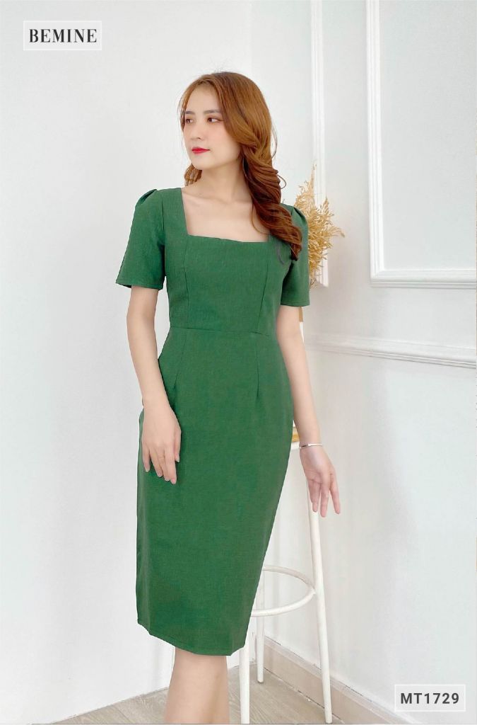 MT1729XANH - Đầm body cổ vuông bố dạ