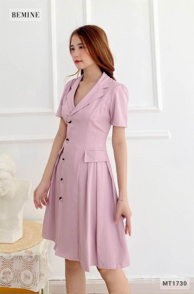 MT1730HONG - Đầm vest túi đắp giả xếp ly