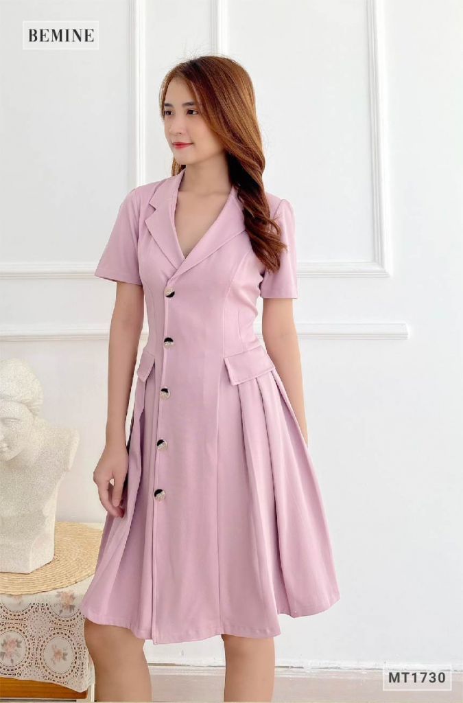 MT1730HONG - Đầm vest túi đắp giả xếp ly