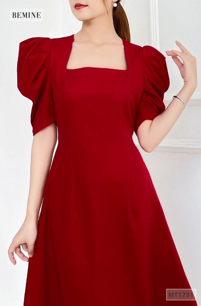 MT1731DO - Đầm cổ vuông tay xếp ly tầng