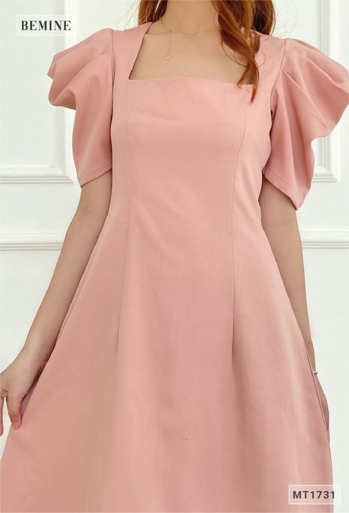 MT1731HONG - Đầm cổ vuông tay xếp ly tầng