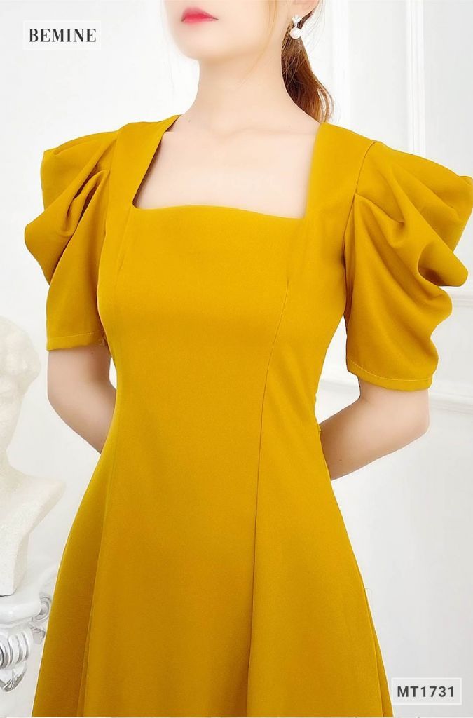 MT1731VANG - Đầm cổ vuông tay xếp ly tầng