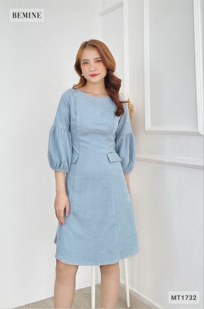 MT1732XANH - Đầm túi đắp giả tay bồng