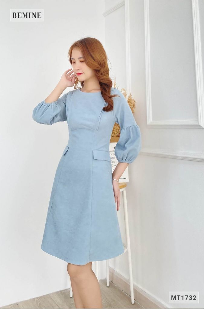 MT1732XANH - Đầm túi đắp giả tay bồng