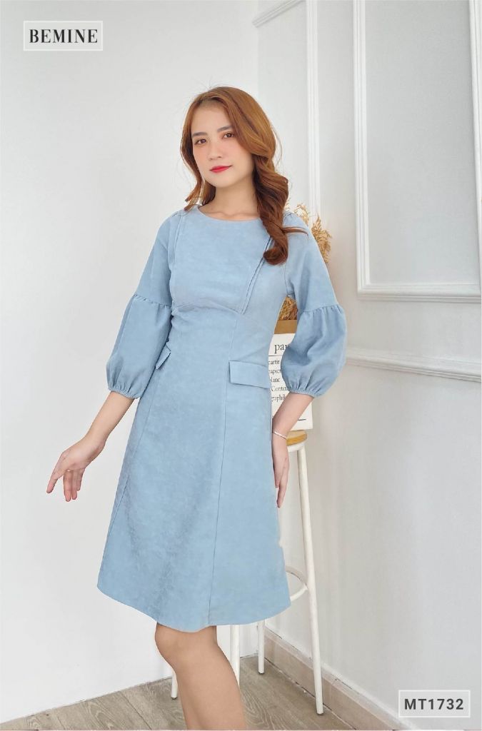 MT1732XANH - Đầm túi đắp giả tay bồng