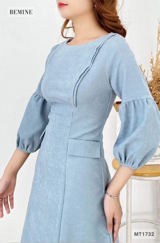 MT1732XANH - Đầm túi đắp giả tay bồng