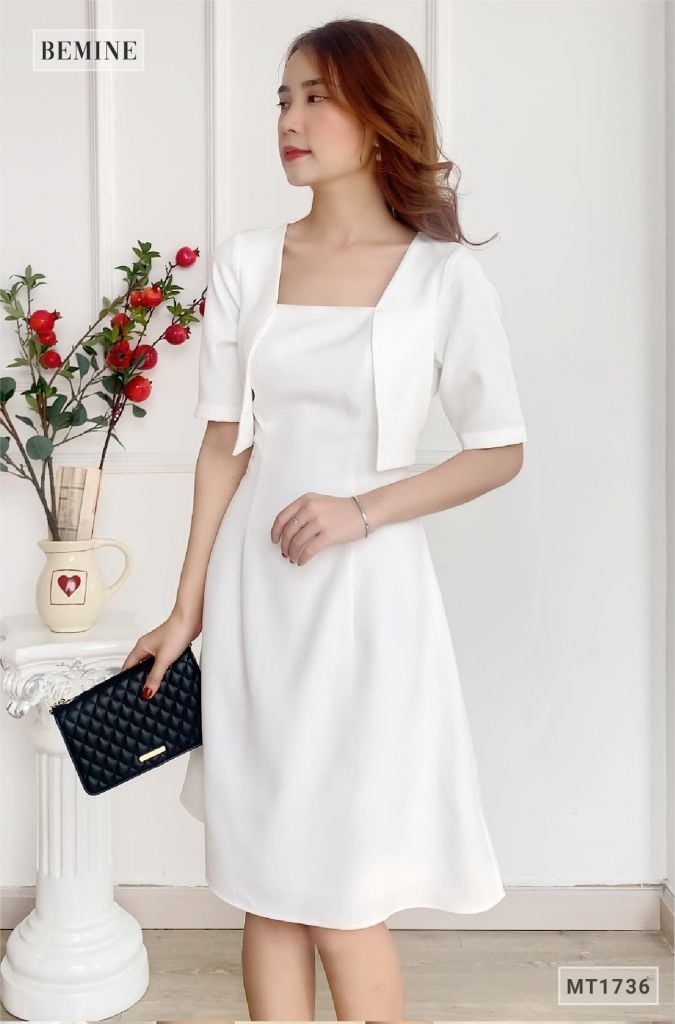 MT1736TRANG - Đầm cổ vuông áo giả