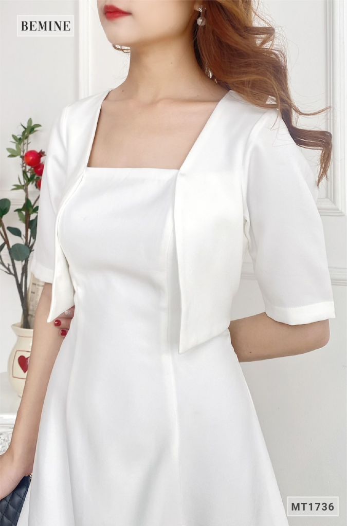 MT1736TRANG - Đầm cổ vuông áo giả