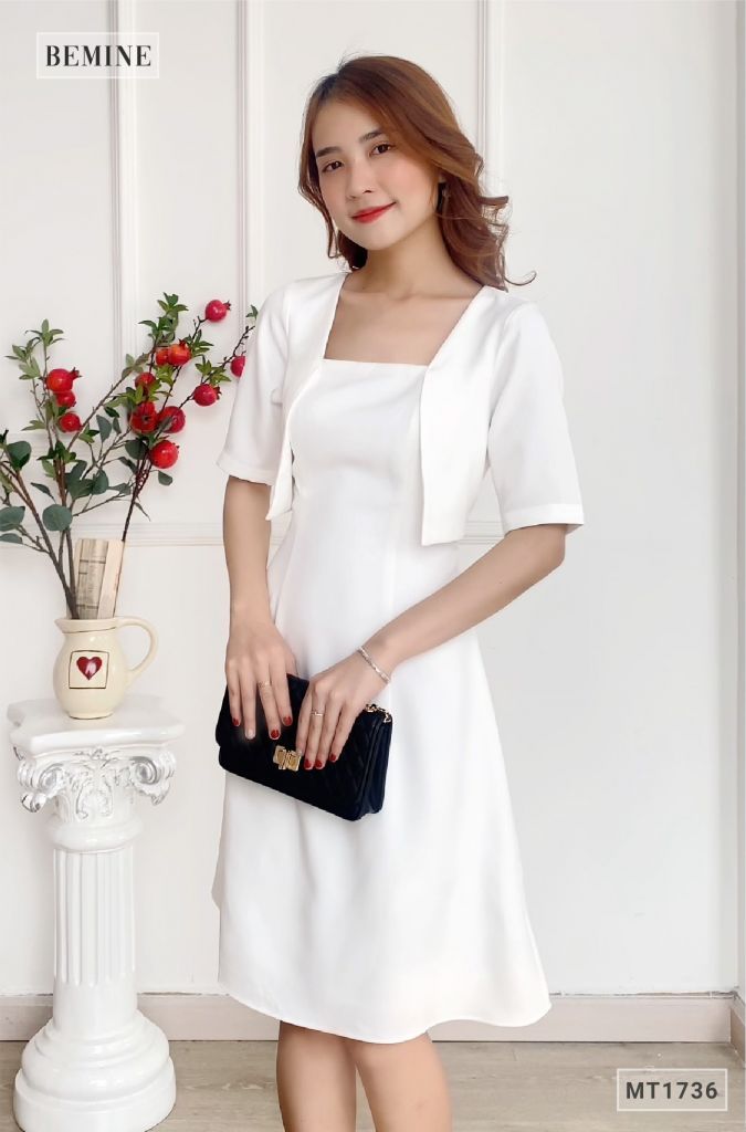 MT1736TRANG - Đầm cổ vuông áo giả