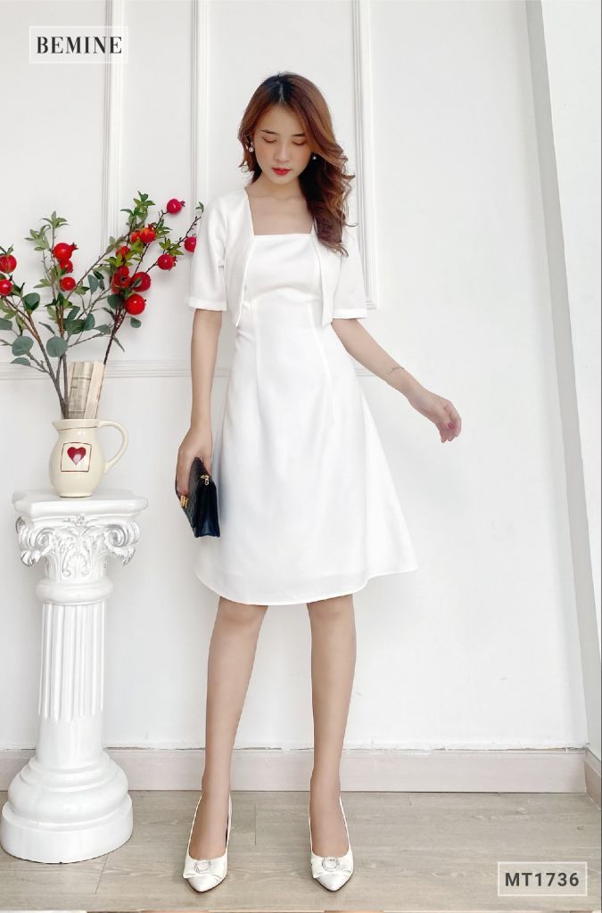 MT1736TRANG - Đầm cổ vuông áo giả