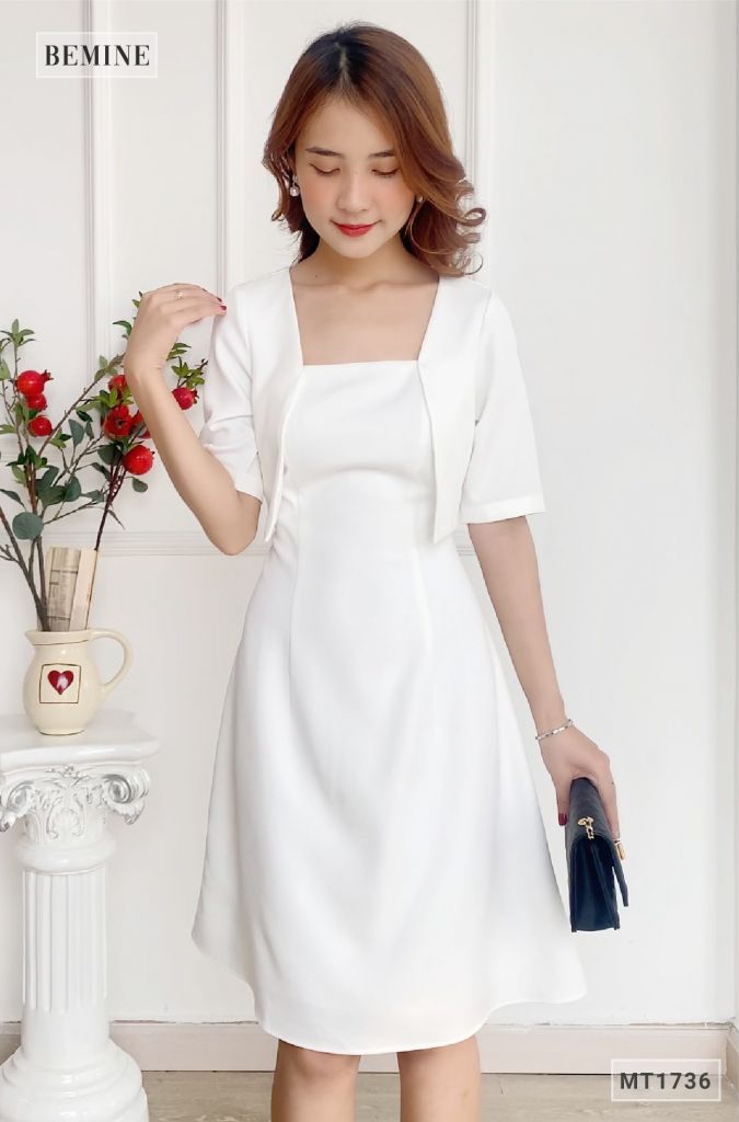 MT1736TRANG - Đầm cổ vuông áo giả