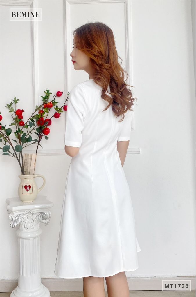 MT1736TRANG - Đầm cổ vuông áo giả