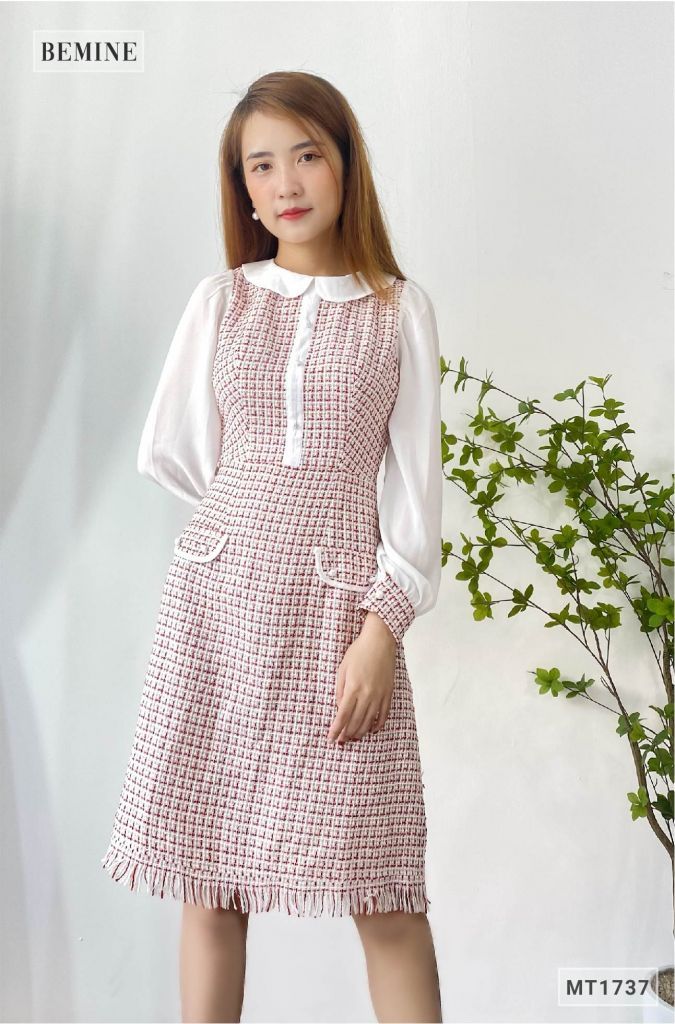MT1737DO - Đầm caro túi đắp tay phối