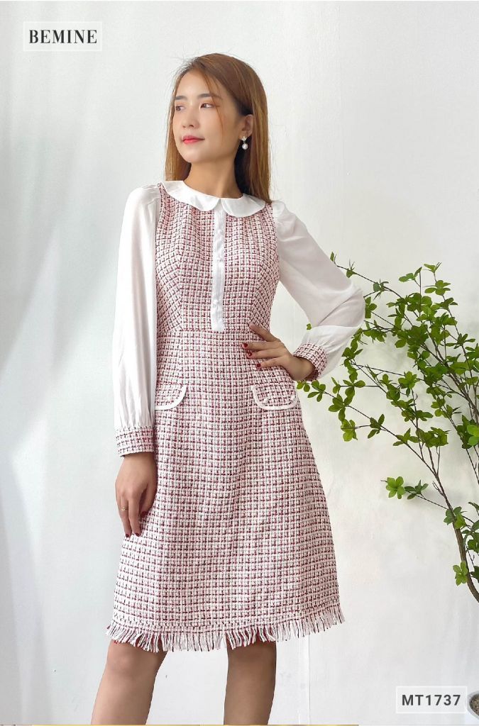 MT1737DO - Đầm caro túi đắp tay phối