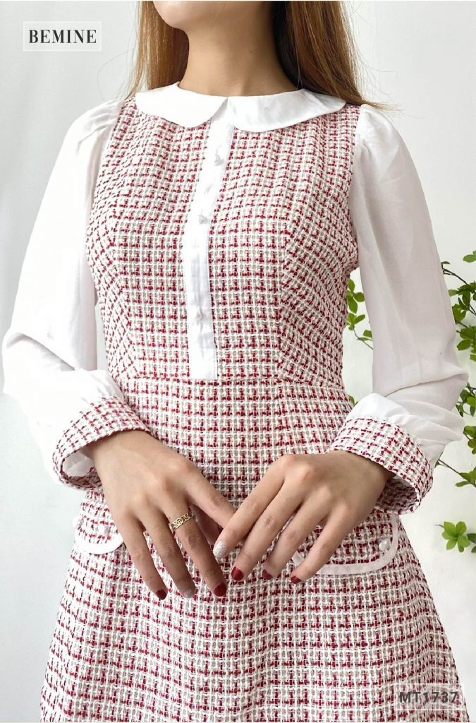 MT1737DO - Đầm caro túi đắp tay phối