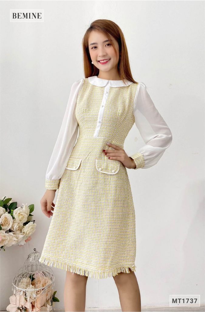 MT1737VANG - Đầm caro túi đắp tay phối