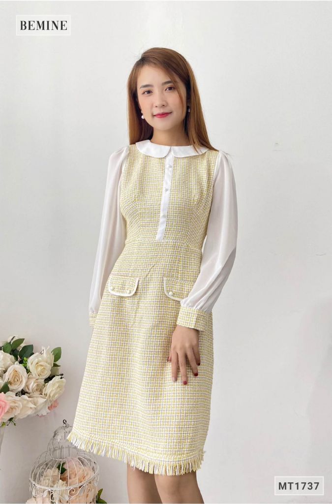 MT1737VANG - Đầm caro túi đắp tay phối