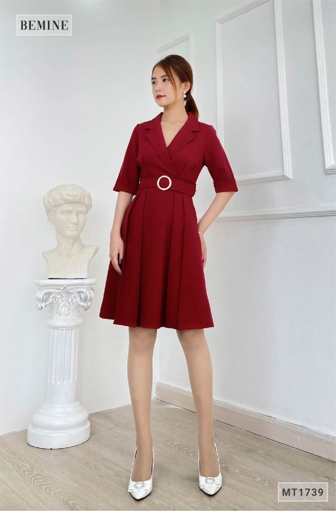 MT1739DO - Đầm cổ vest tay xếp ly xòe