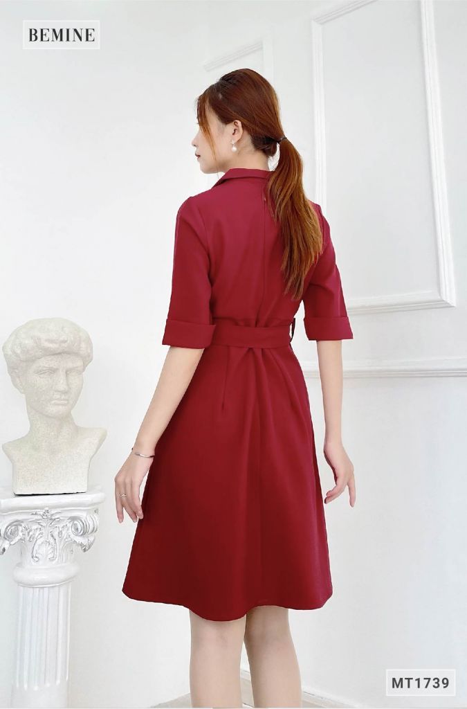 MT1739DO - Đầm cổ vest tay xếp ly xòe