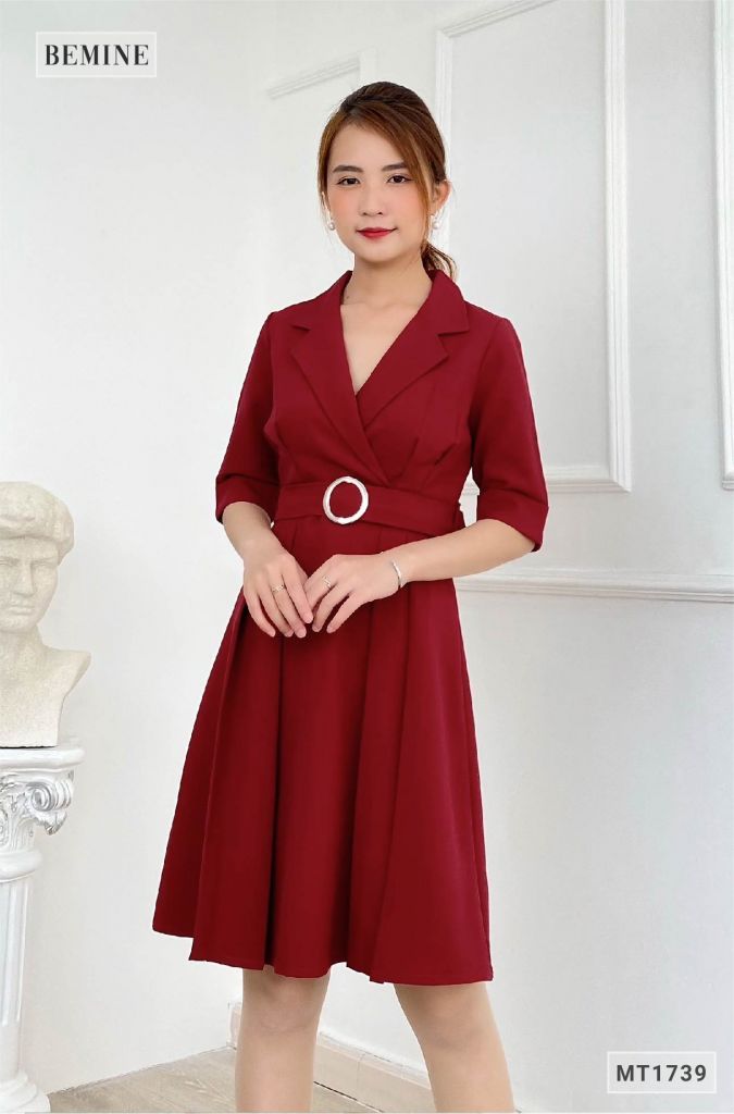 MT1739DO - Đầm cổ vest tay xếp ly xòe